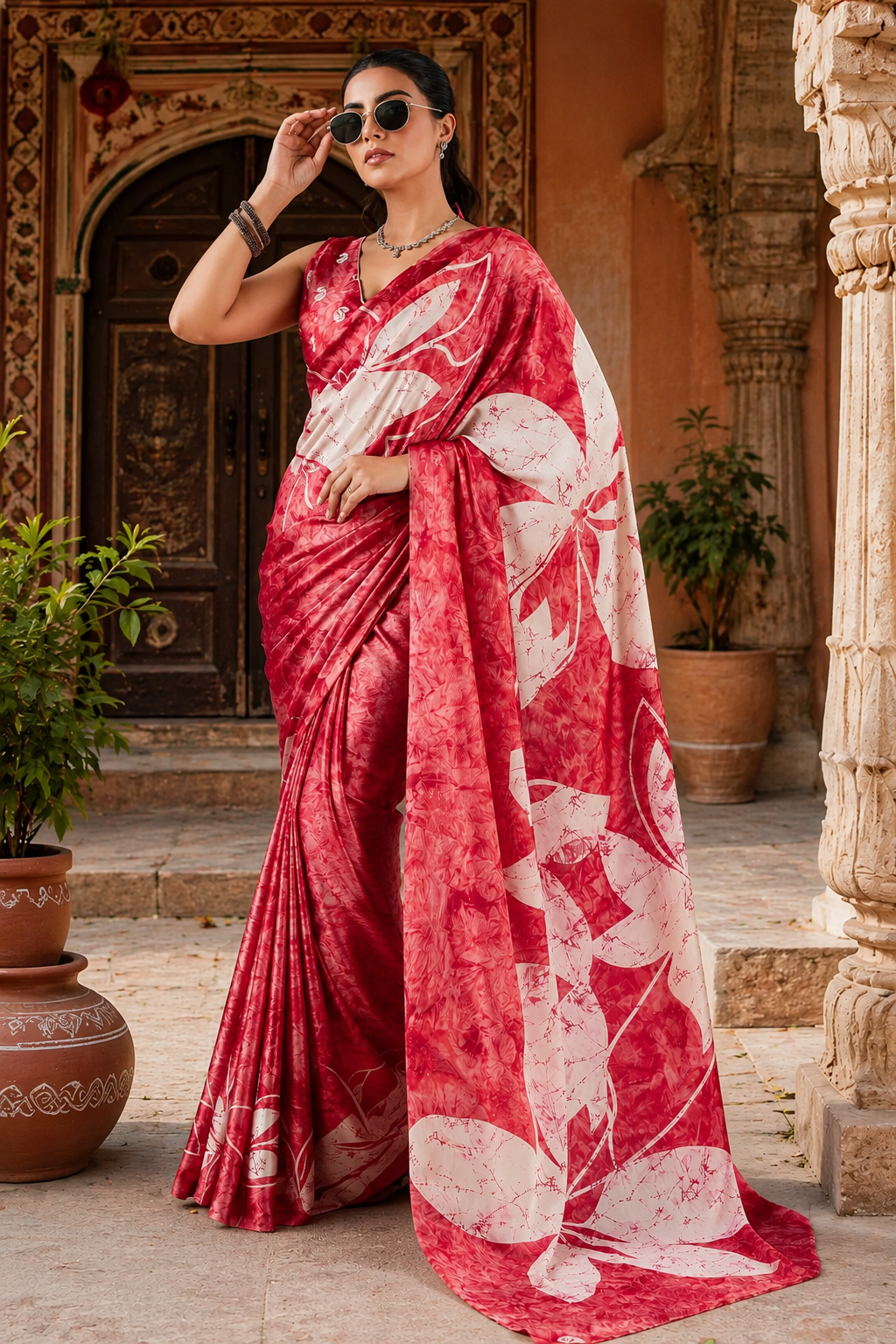 Satin Silk Ajrakh Printed Saree With Unstitched Blouse(Red)
