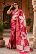 Satin Silk Ajrakh Printed Saree With Unstitched Blouse(Red)
