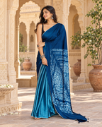 Pure Silk Digital Print Lace Patti Border Saree With Unstitched Blouse(Blue)