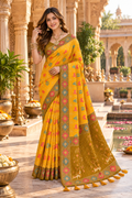 Premium Patola Silk Saree With Unstitched Blouse(Yellow)