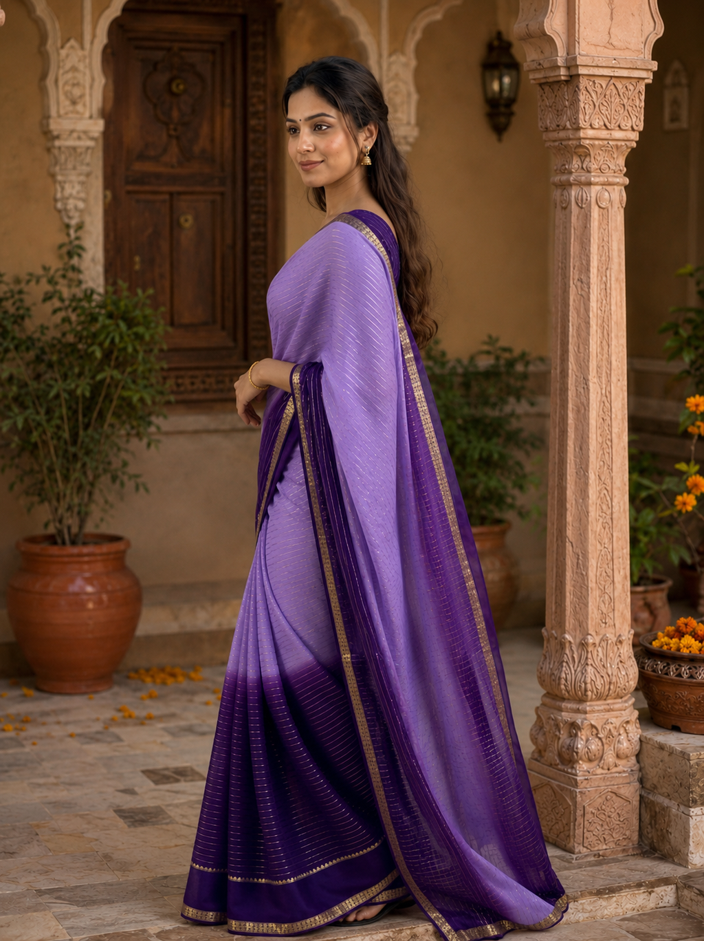 Viscose Georgette Saree With Unstitched Blouse(Purple)
