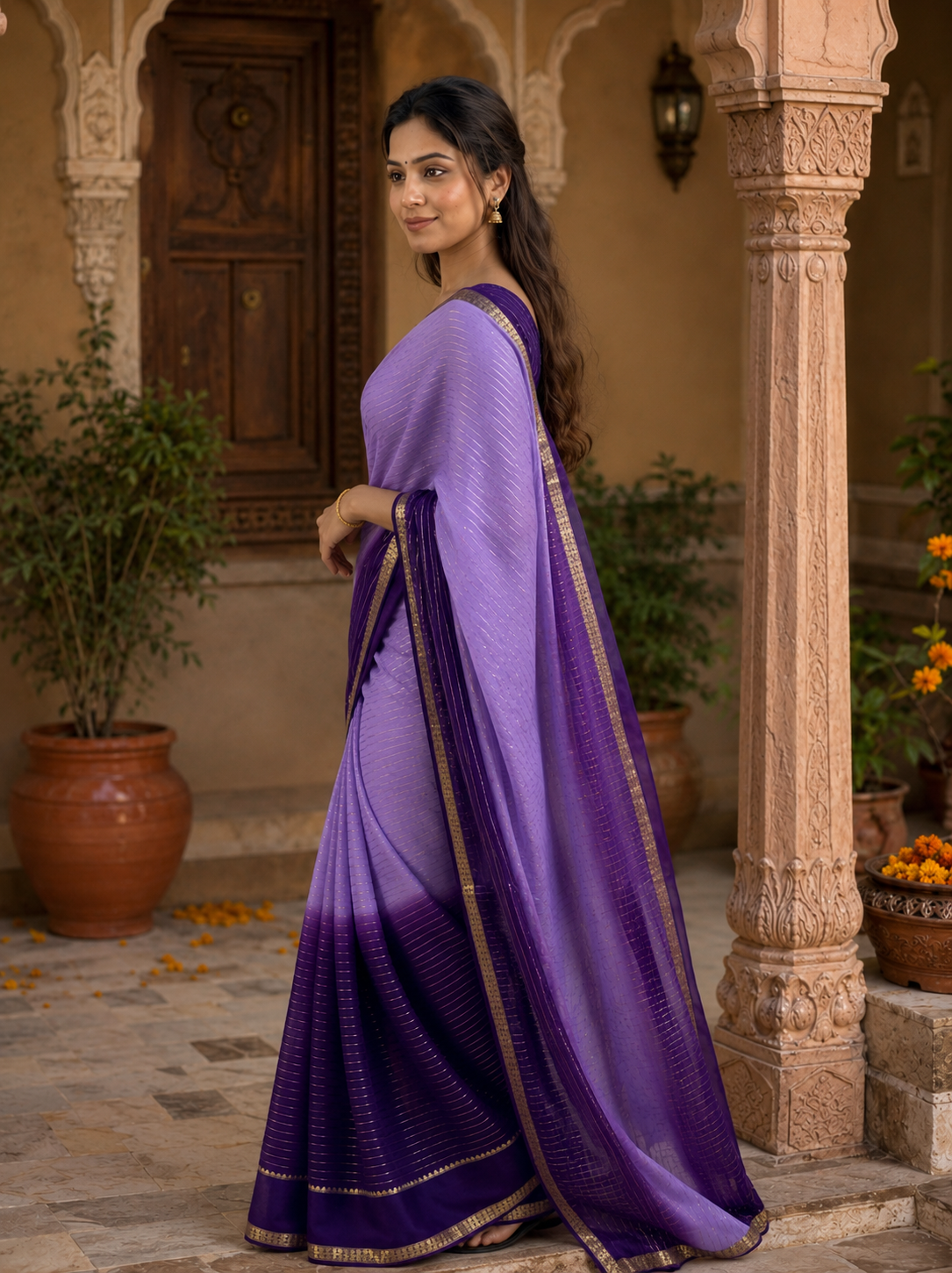 Viscose Georgette Saree With Unstitched Blouse(Purple)