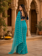 Georgette Embroidery Work Saree with Unstitched Blouse(Blue)