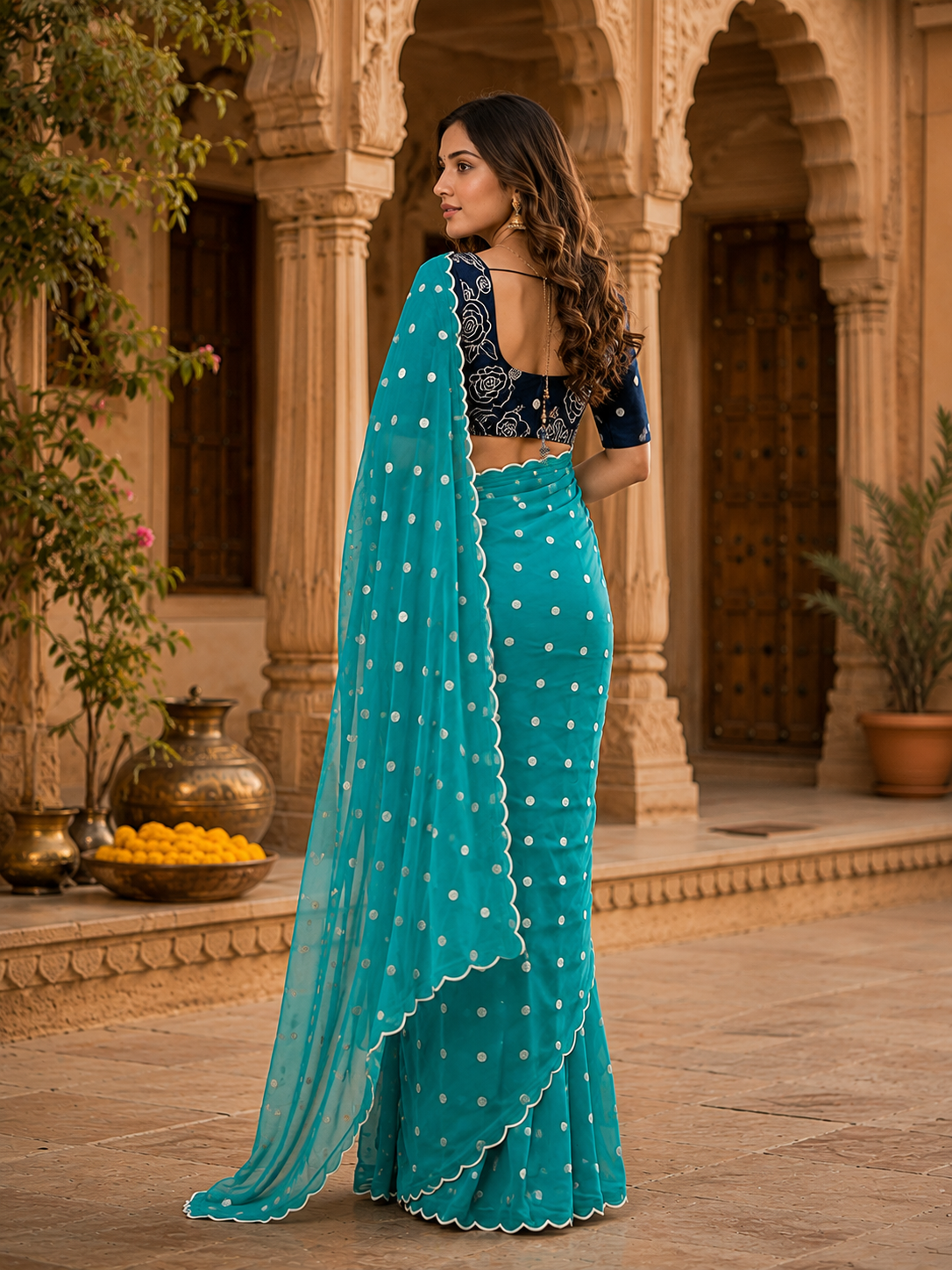 Georgette Embroidery Work Saree with Unstitched Blouse(Blue)