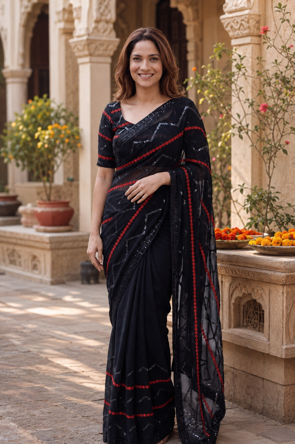 Fancy Georgette Saree With Unstitched Blouse(Black)