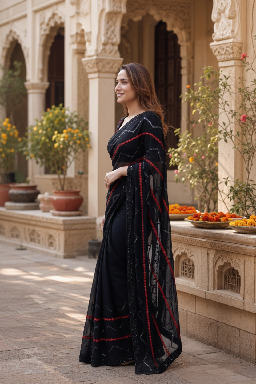 Fancy Georgette Saree With Unstitched Blouse(Black)