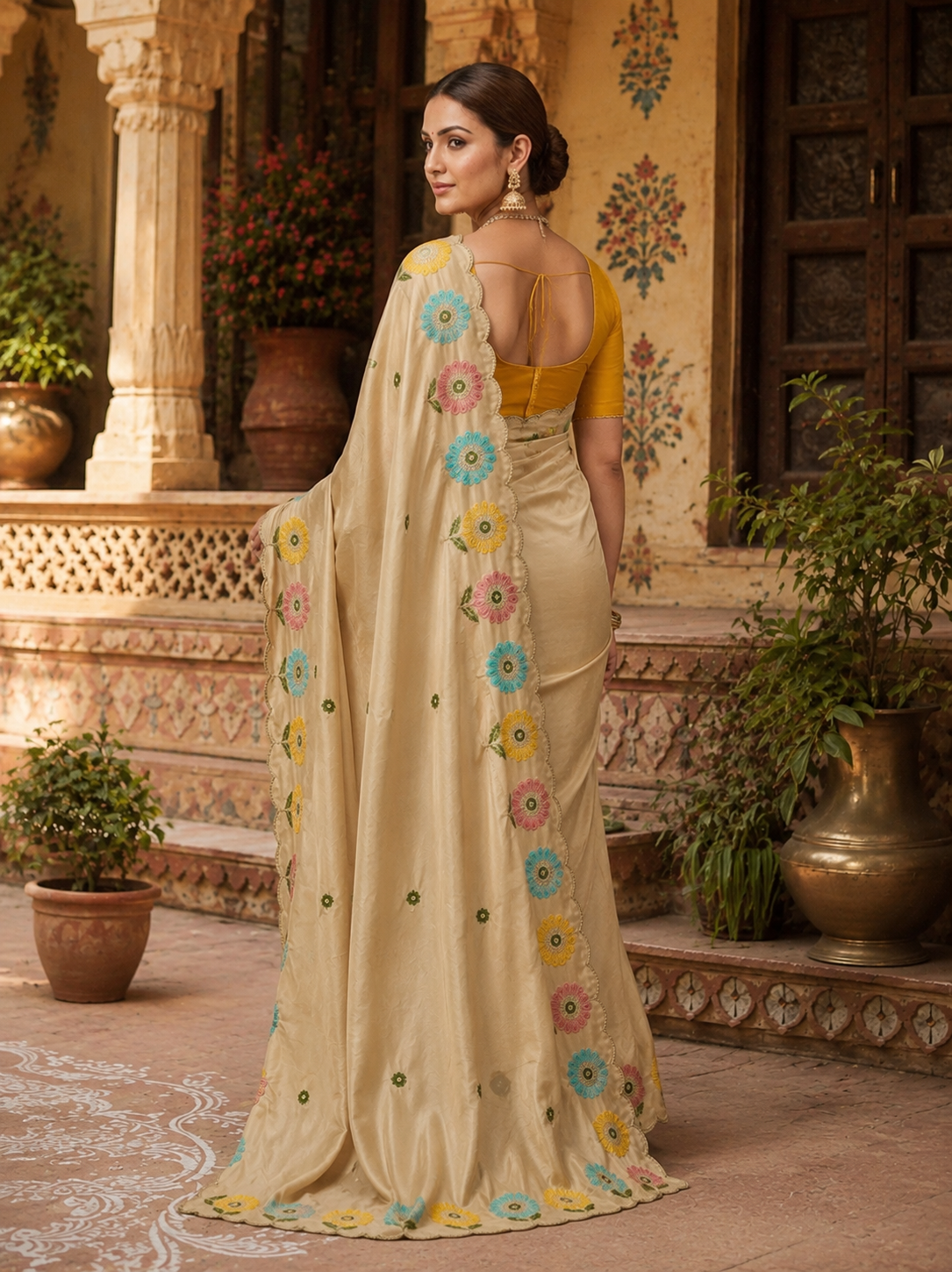 Crepe Silk Embroidery Work Zari Border Saree With Unstitched Blouse(Yellow)