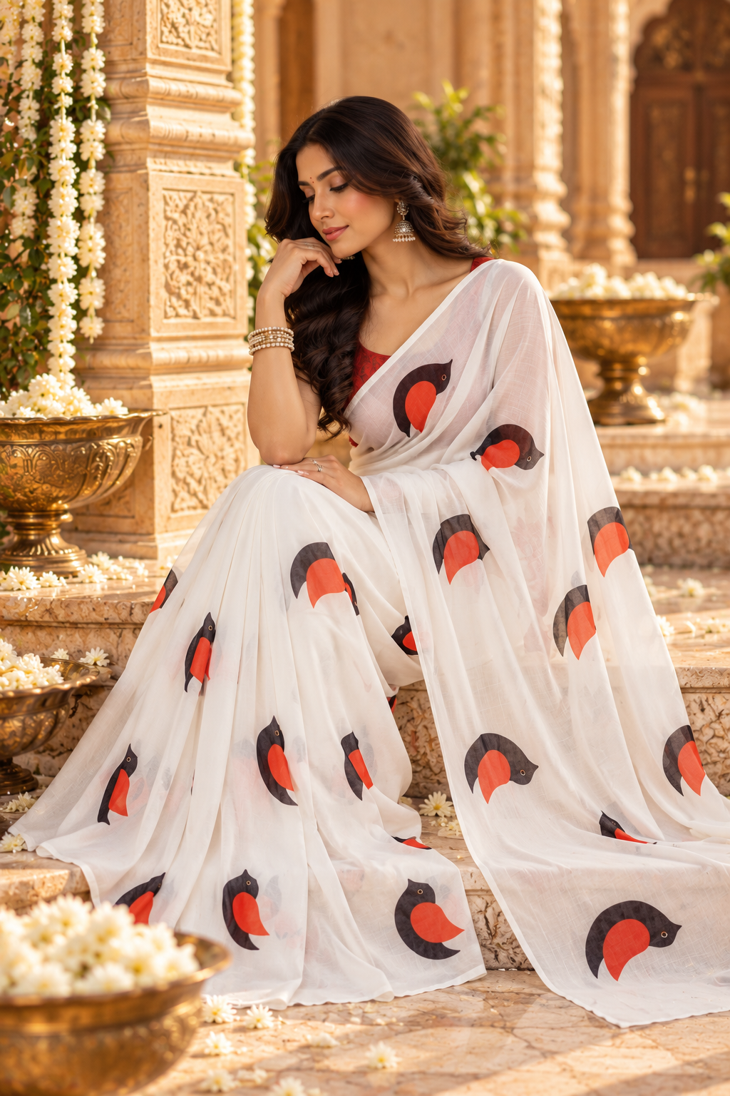 Pure Cotton Digital Printed Saree With Unstitched Blouse (White)