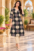 Cotton Printed Kurti Pant Two Piece Set(Black)