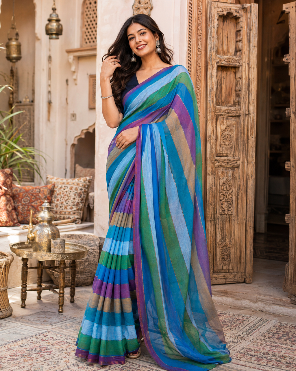 Cotton Printed Saree With Unstitched Blouse(Blue)
