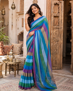 Cotton Printed Saree With Unstitched Blouse(Blue)