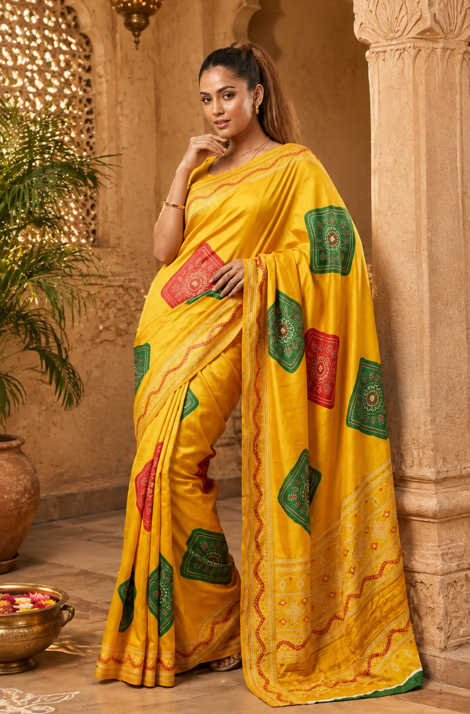 Satin Silk Printed Saree With Unstitched Blouse(Yellow)