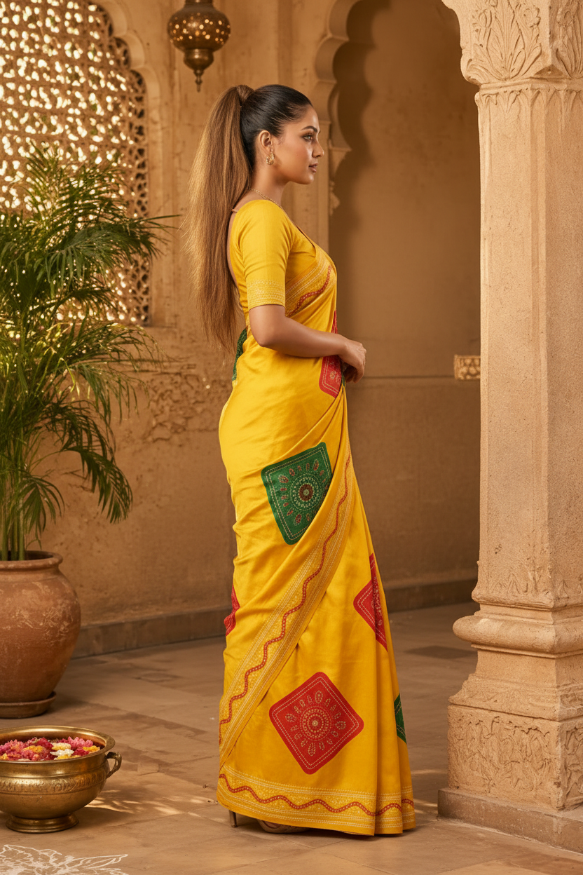 Satin Silk Printed Saree With Unstitched Blouse(Yellow)