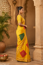 Satin Silk Printed Saree With Unstitched Blouse(Yellow)