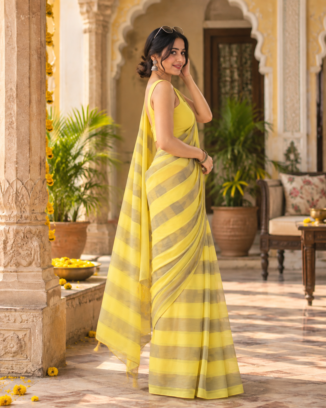 Cotton Digital Printed Saree With Unstitched Blouse(Yellow)