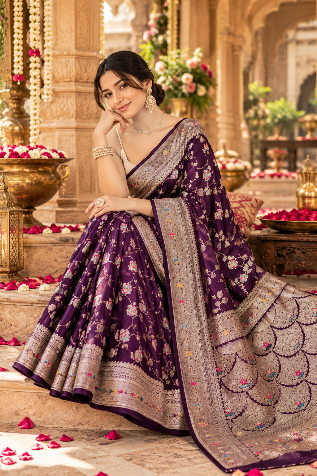 Banarasi Silk Zari Border Work Saree With Unstitched Blouse(Purple)