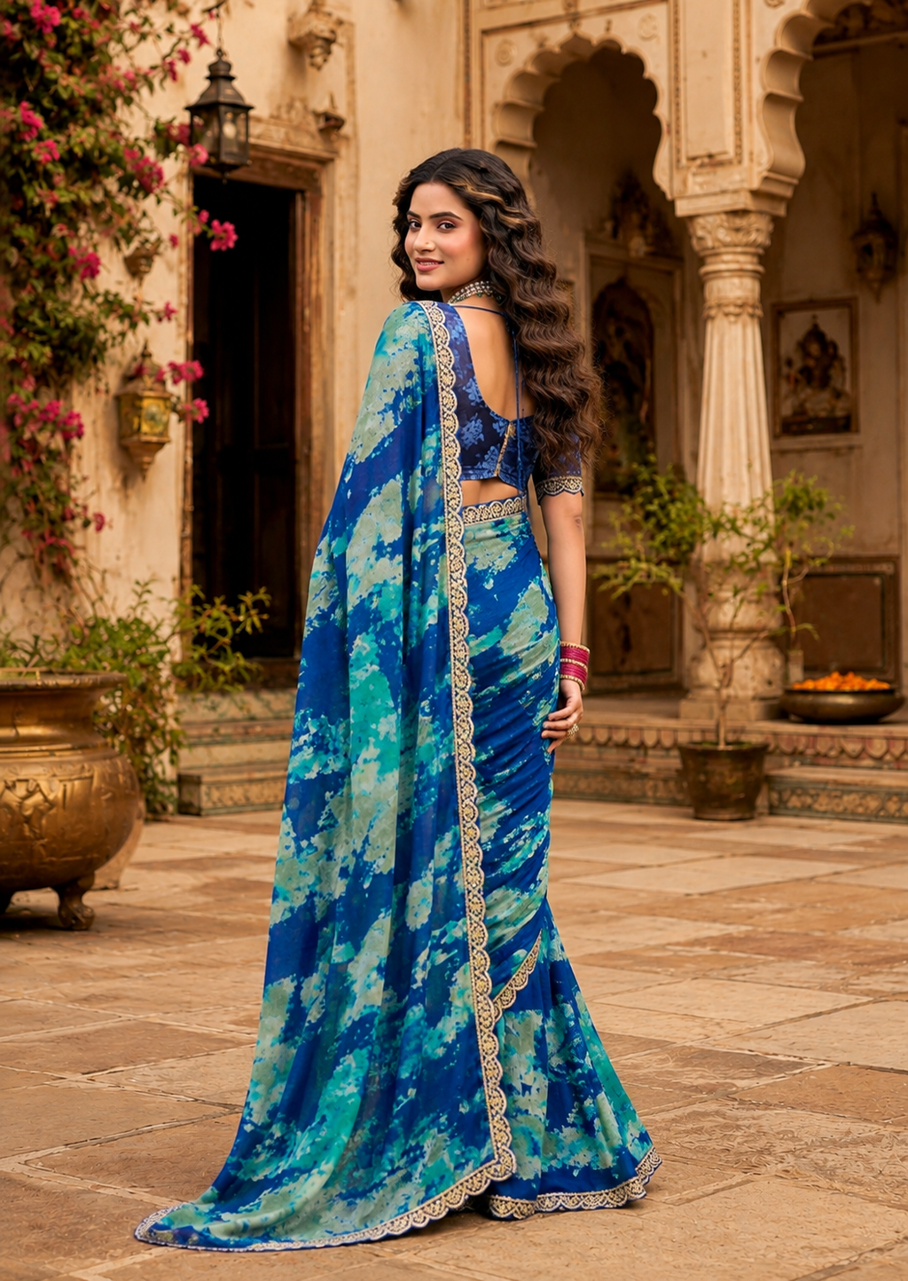 Chiffon Printed Saree With Unstitched Blouse(Blue)