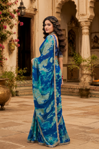 Chiffon Printed Saree With Unstitched Blouse(Blue)