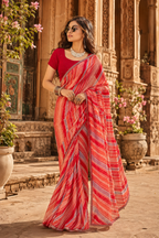 Premium Georgette Bandhani Work Saree With Unstitched Blouse(Red)