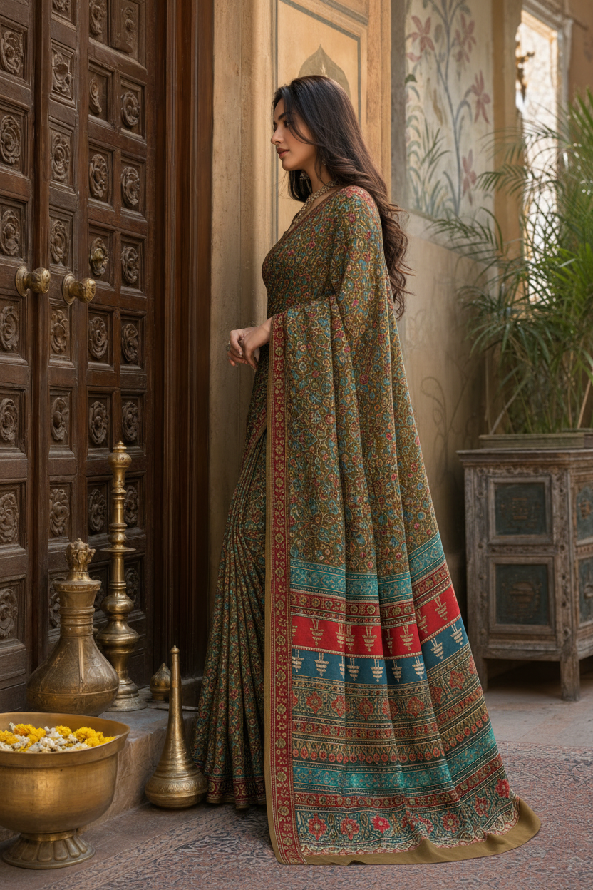 Premium Crepe Silk Saree With Unstitched Blouse(Dark Green)