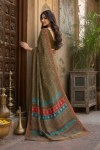 Premium Crepe Silk Saree With Unstitched Blouse(Dark Green)