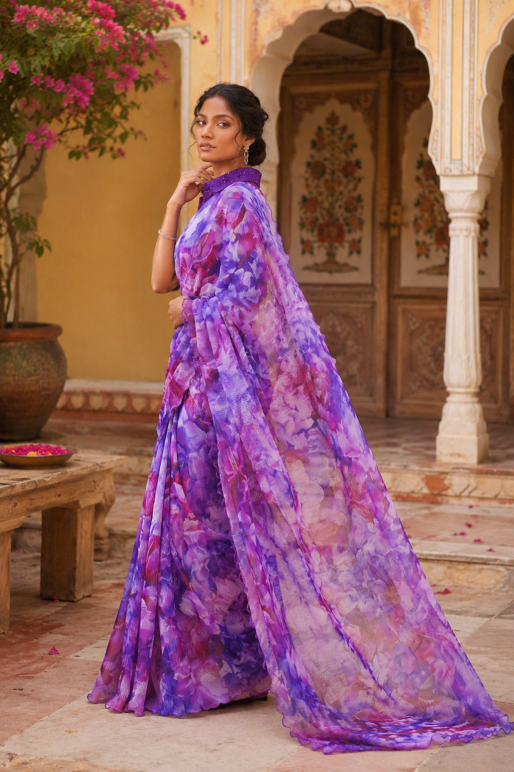 Satin Silk Floral Printed Saree With Unstitched Blouse(Lavender)