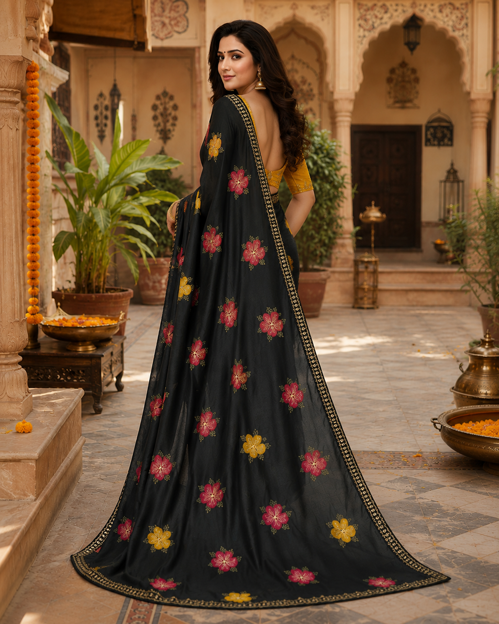 Georgette Printed Saree With Unstitched Blouse(Black)