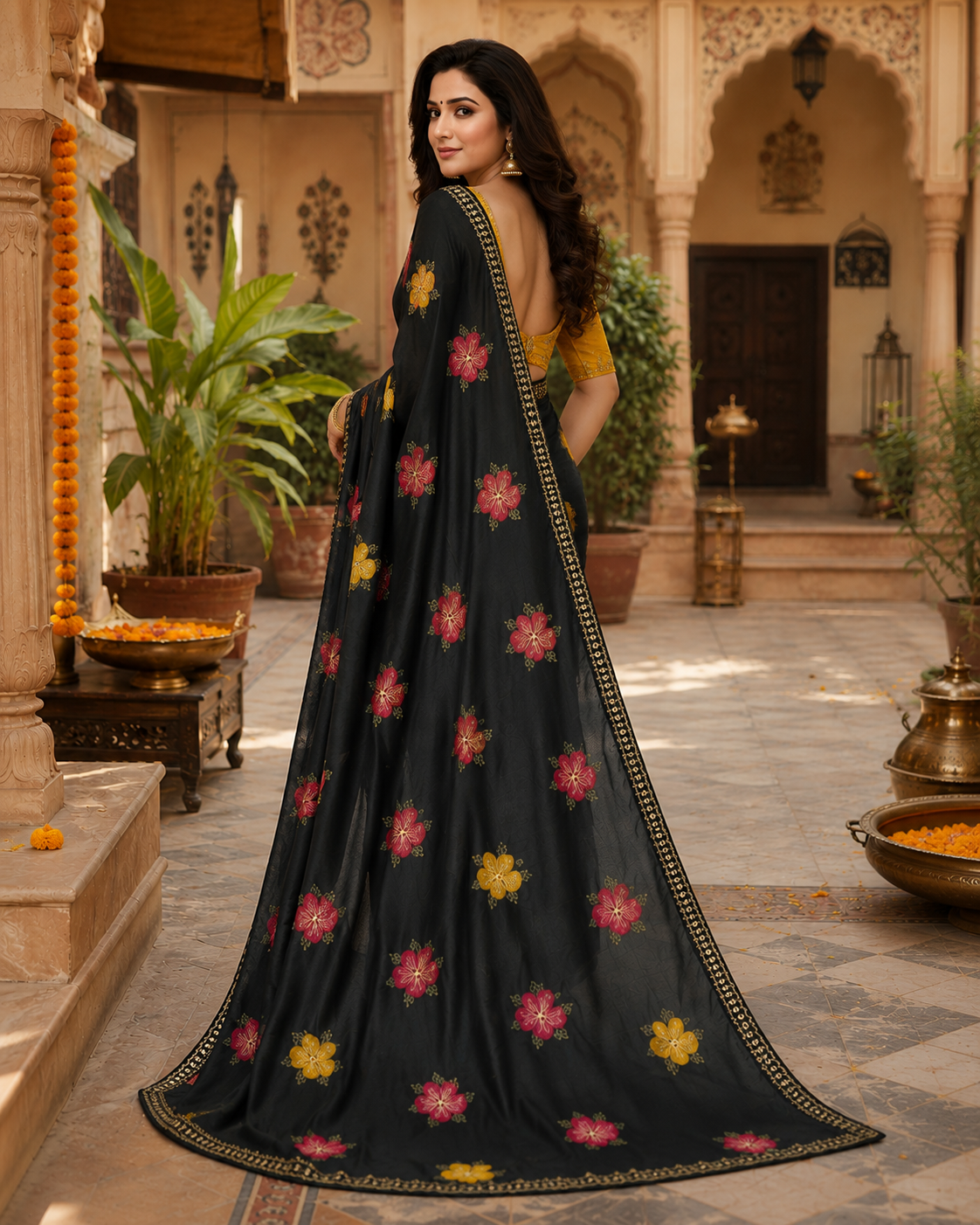 Georgette Printed Saree With Unstitched Blouse(Black)