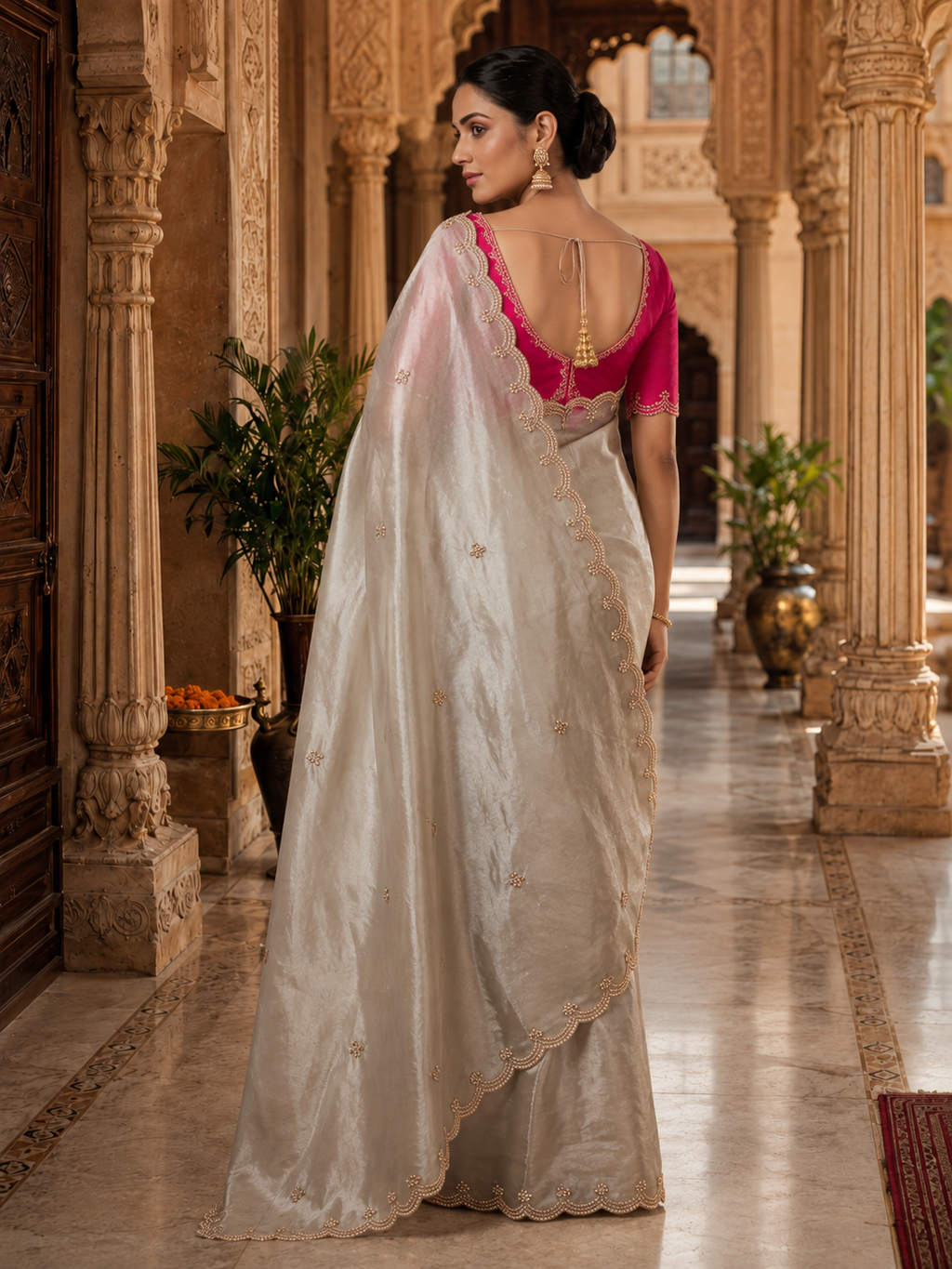 Satin Silk Embroidery Work Saree With Unstitched Blouse(Off-White)