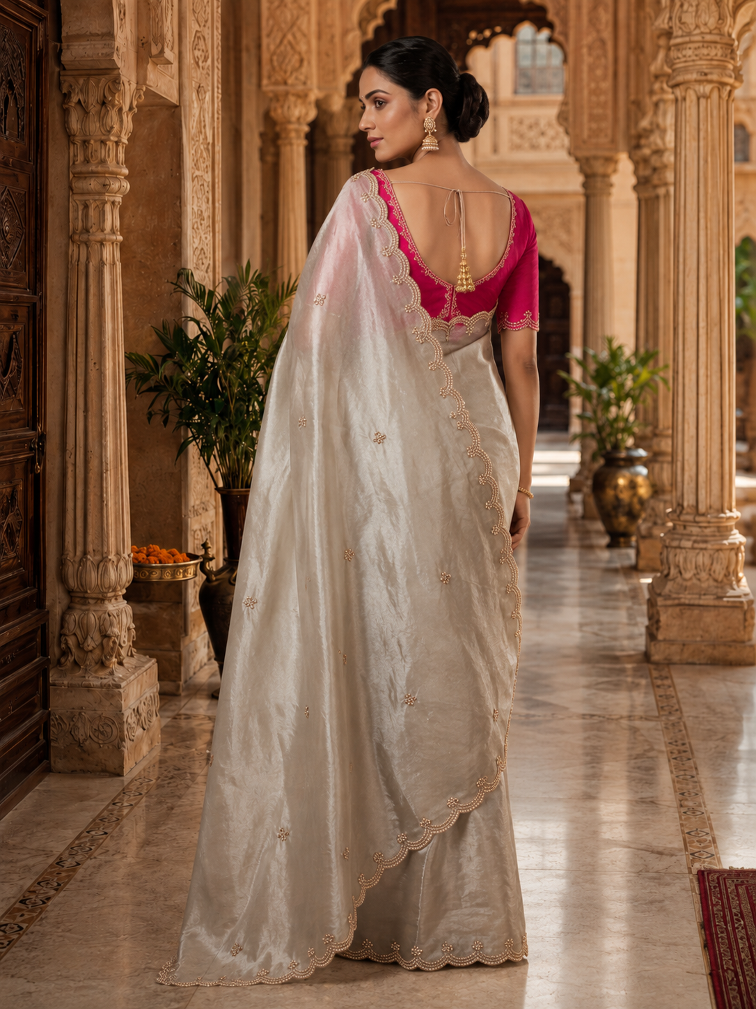 Satin Silk Embroidery Work Saree With Unstitched Blouse(Off-White)