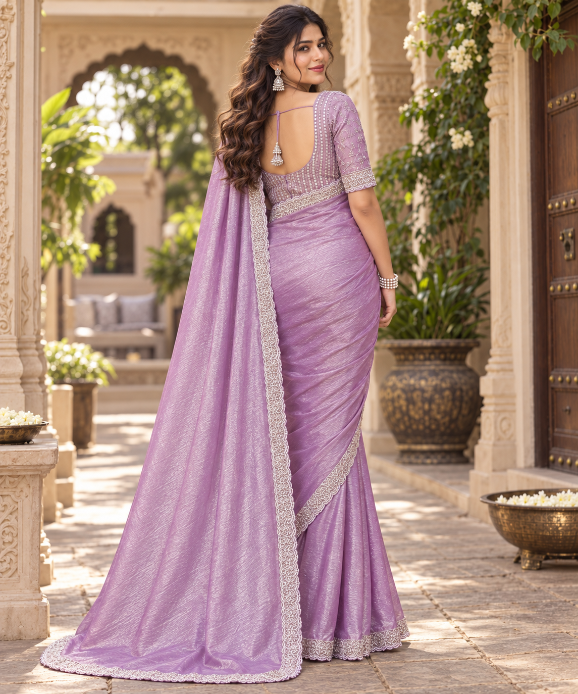 Chiffon Designer Saree With Unstitched Blouse(Purple)