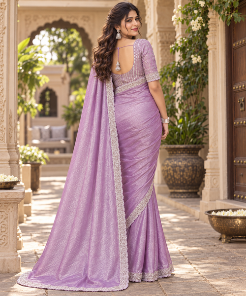 Chiffon Designer Saree With Unstitched Blouse(Purple)