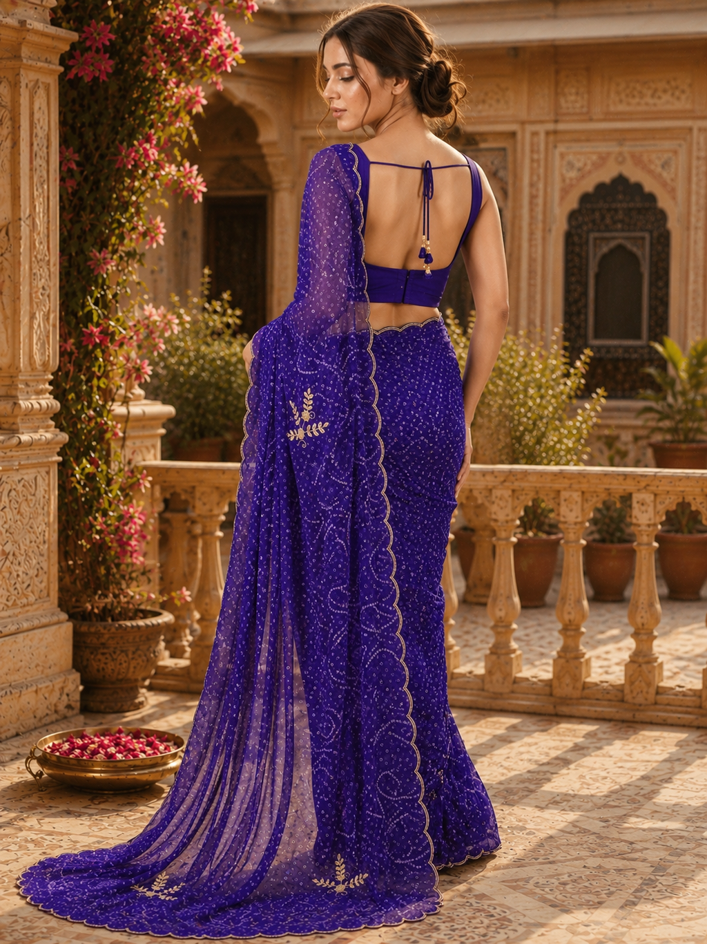 Georgette Hand Work Border Cut Saree With Unstitched Blouse(Violet)