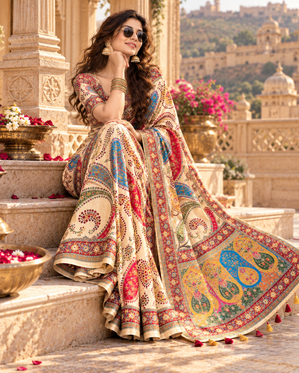 Premium Satin Silk Digital Print Saree With Unstitched Blouse(Cream)