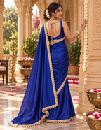 Satin Silk Golden Lace Border Work Saree With Unstitched Blouse(Blue)