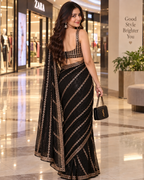 Pure Georgette Original Mirror Embroidery Work Saree With Unstitched Blouse(Black)