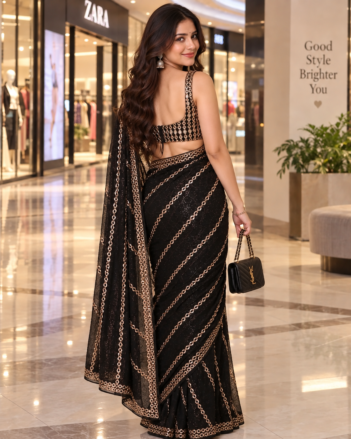 Pure Georgette Original Mirror Embroidery Work Saree With Unstitched Blouse(Black)