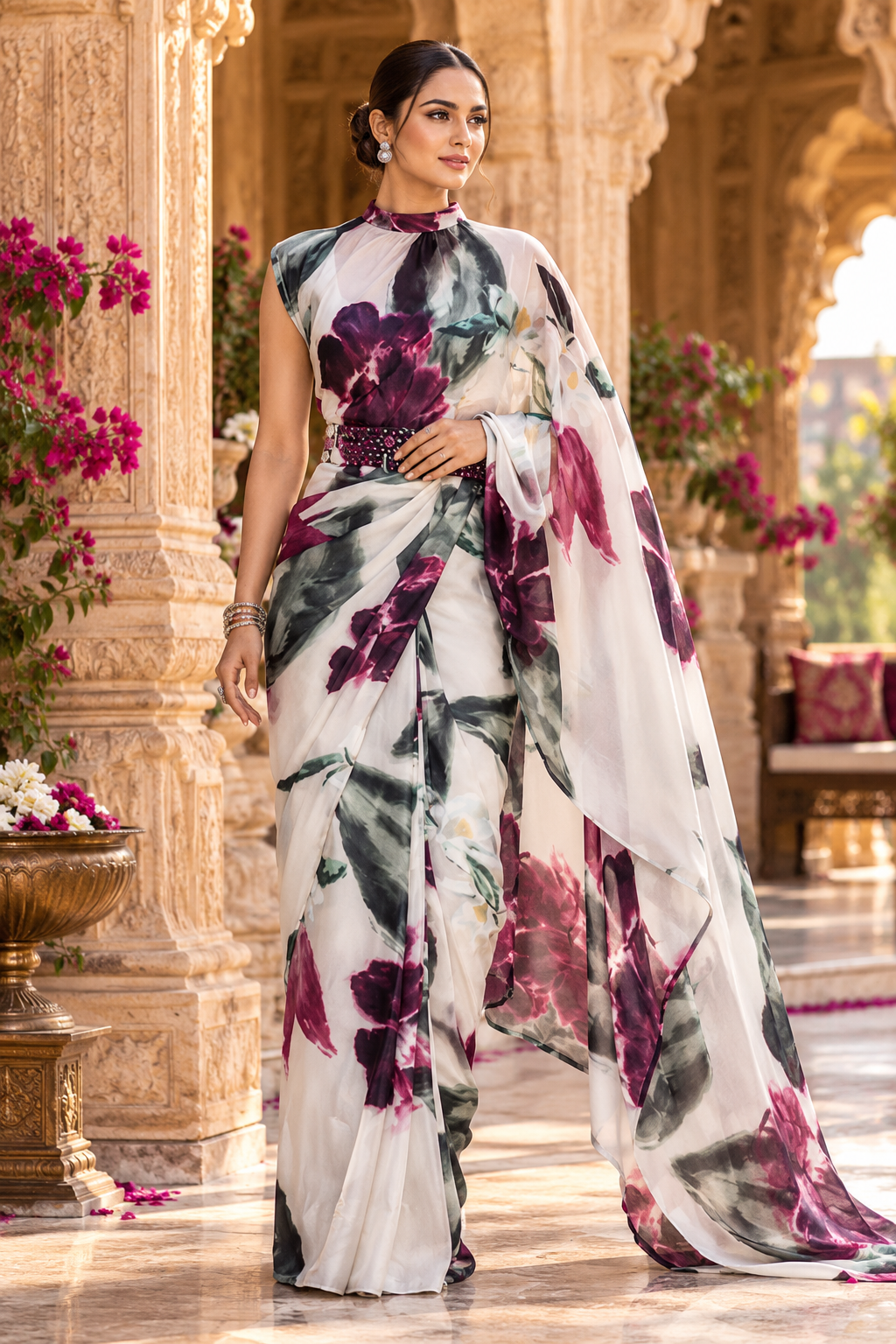 Premium Satin Silk Digital Print Saree With Unstitched Blouse(White)