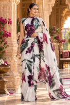 Premium Satin Silk Digital Print Saree With Unstitched Blouse(White)