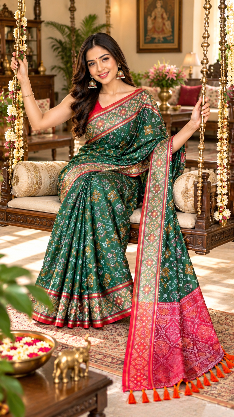 Premium Soft Silk Rangeen Patola Meenakari Rich Pallu Tassels Saree With Unstitched Blouse (Green)