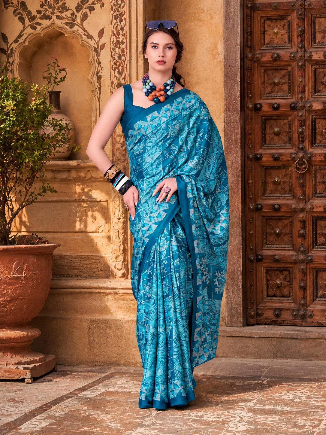 Satin Silk Designer Saree With Unstitched Blouse(Blue)