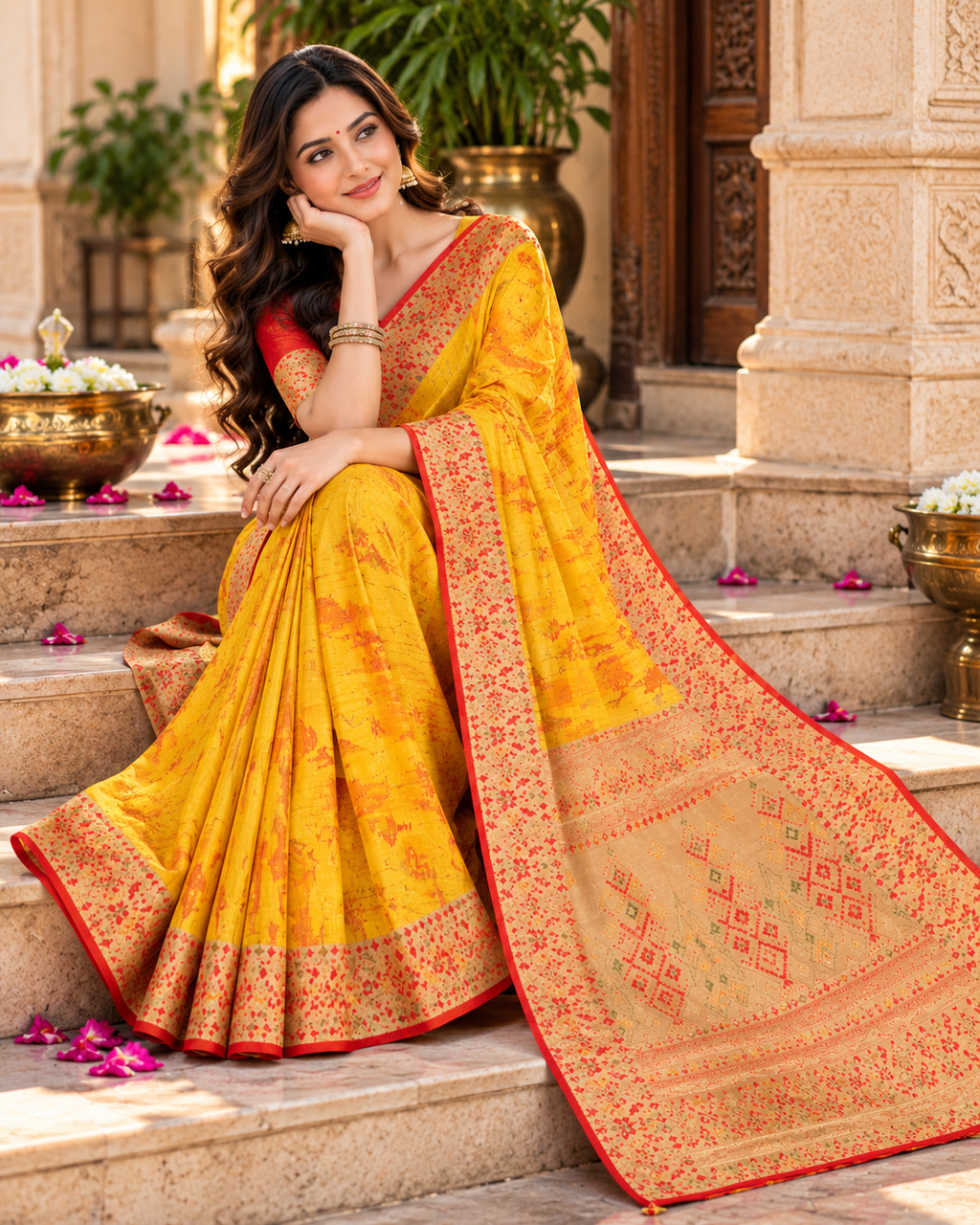 Premium Tissue Silk Zari Border Work Saree With Unstitched Blouse(Yellow)