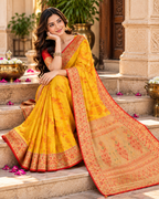 Premium Tissue Silk Zari Border Work Saree With Unstitched Blouse(Yellow)