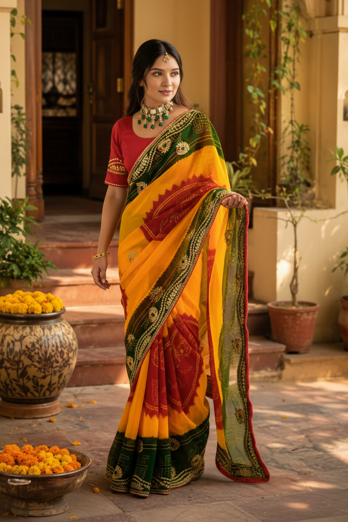 Georgette Bandhani Printed Saree With Unstitched Blouse(Yellow)