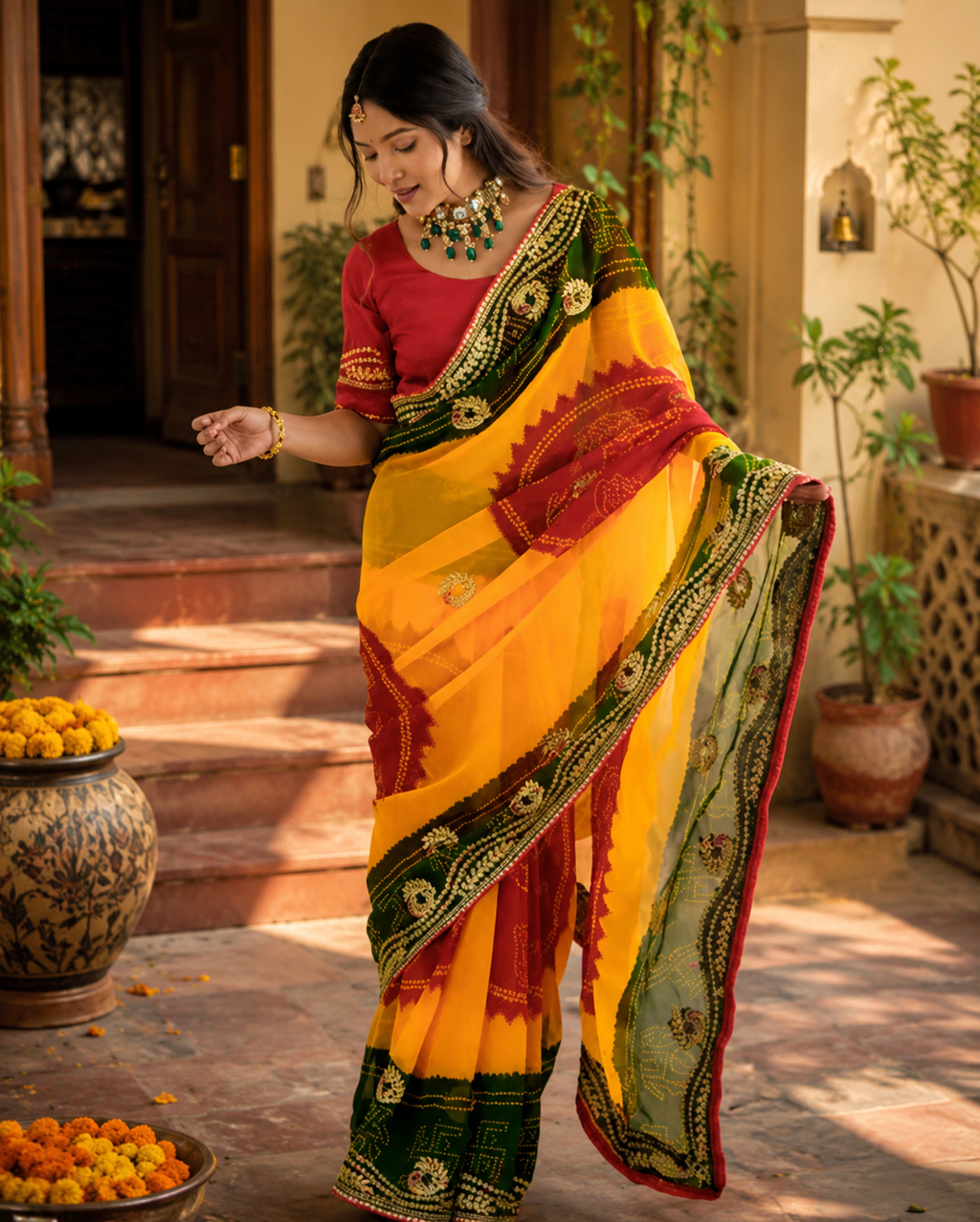 Georgette Bandhani Printed Saree With Unstitched Blouse(Yellow)