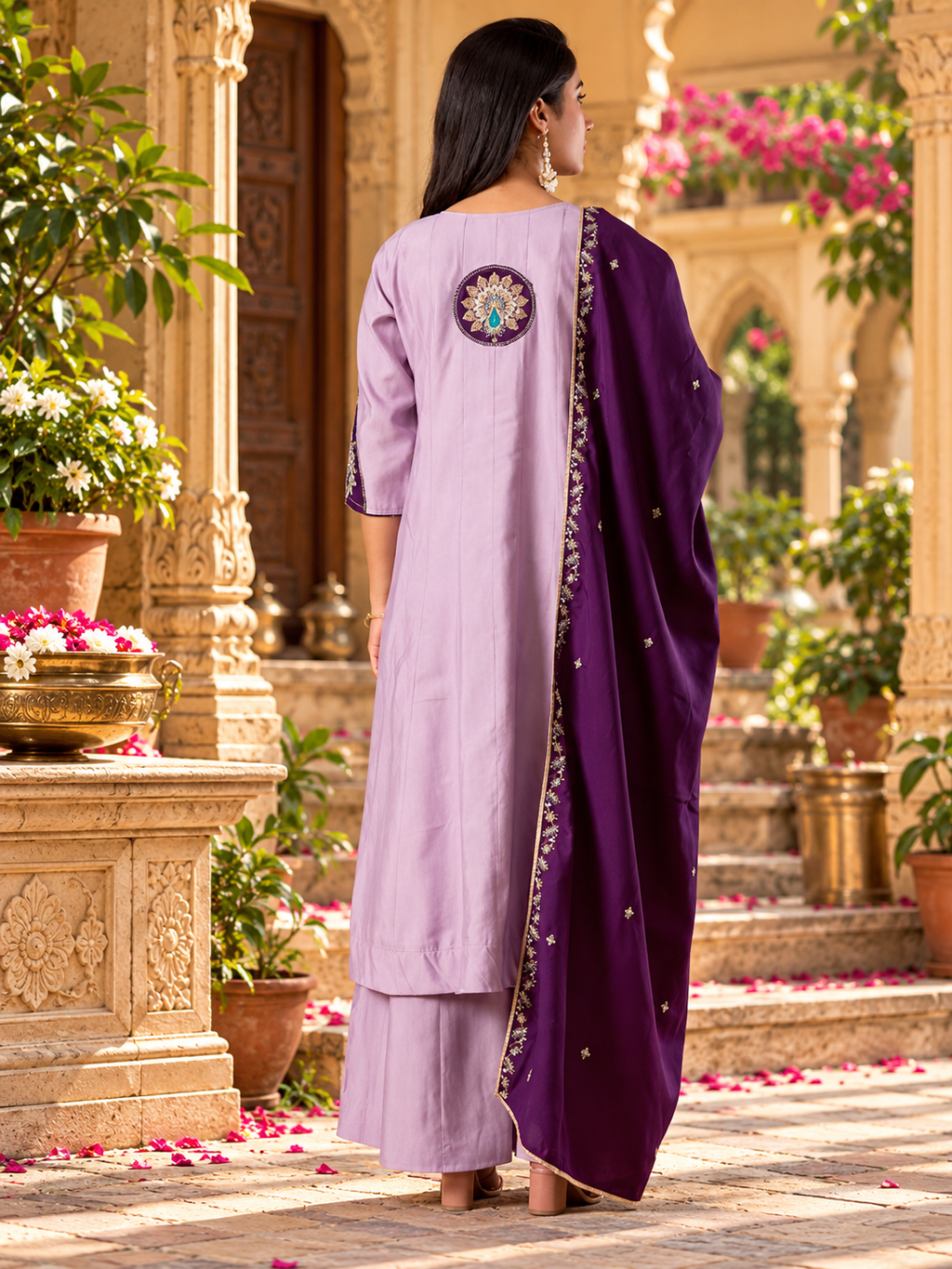 Roman Silk Anarkali Kurti Pant Set With Dupatta(Lavender)