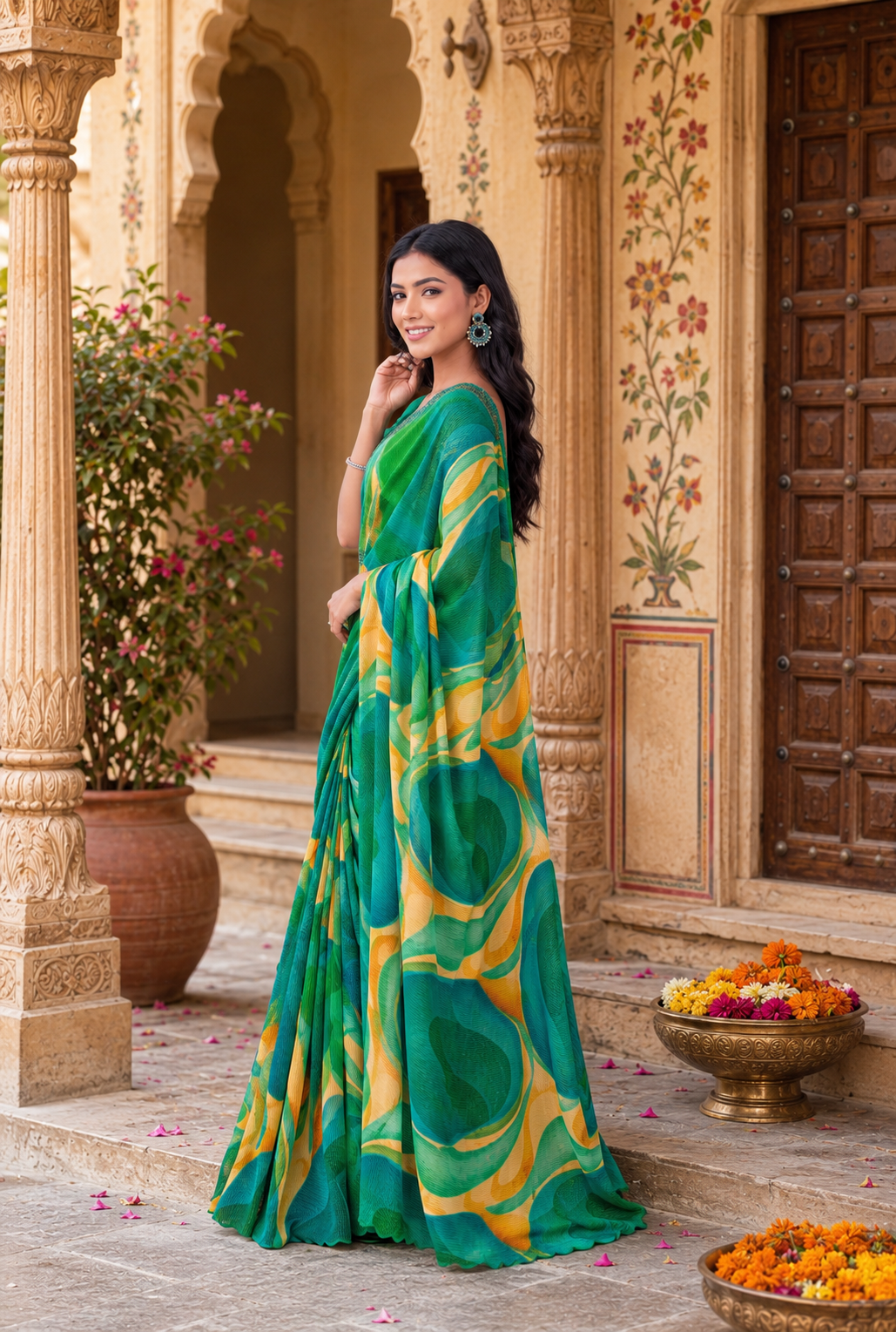 Satin Silk Floral Printed Saree With Unstitched Blouse(Green)