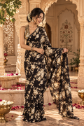 Satin Silk Printed Saree With Unstitched Blouse(Black)