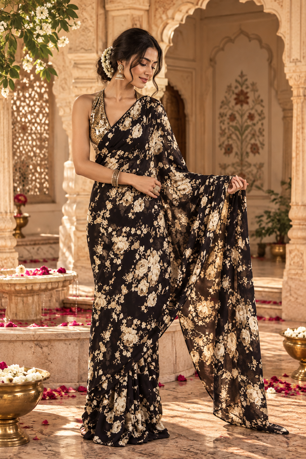 Satin Silk Printed Saree With Unstitched Blouse(Black)