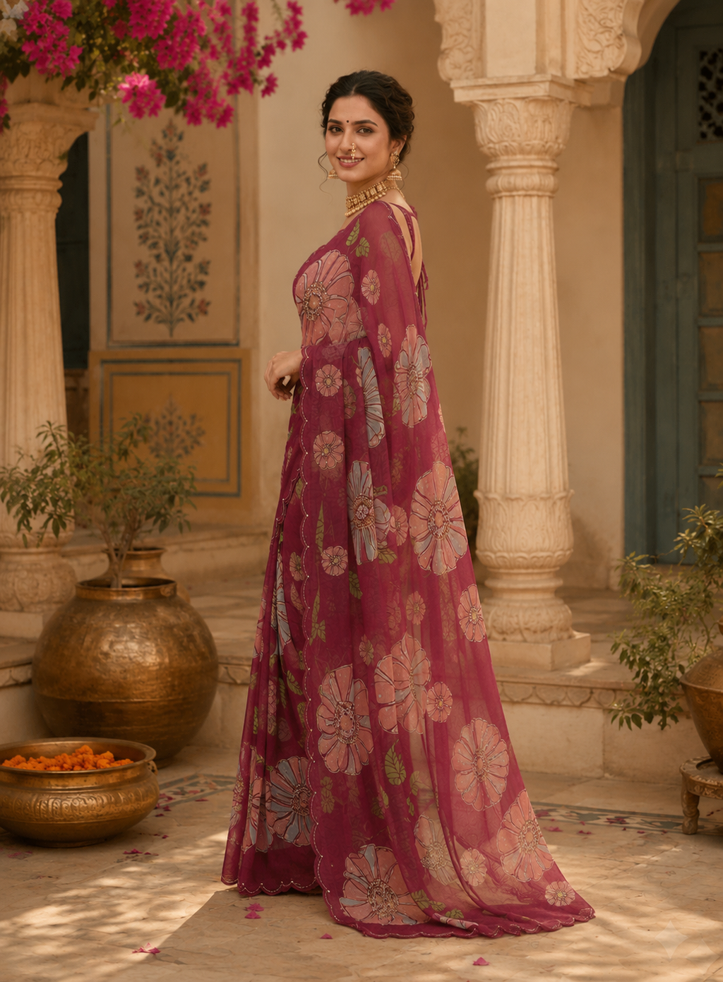 Organza Floral Print Saree With Unstitched Blouse(Red)